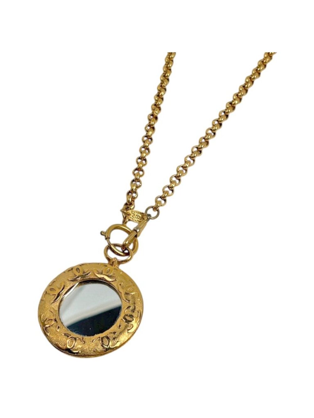 Chanel Necklace CC Logo Mirror Round Long Gold Plated